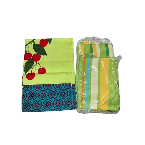 Tag Dish Kitchen Towels Set of 3 100% Cotton Jardin Cherries + Ariel Striped New - Picture 1 of 7